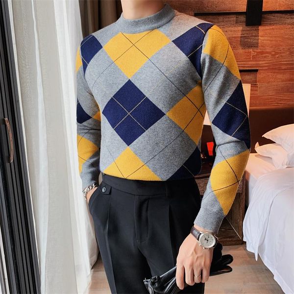 

men's sweaters british style sweater contrast plaid knit crew half turtleneck pullover homme fashion warm knitted brand male, White;black