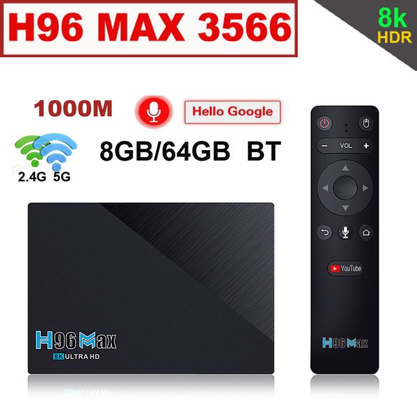 Android 11.0 Smart TV Box 8GB 64GB RK3566 con BT Google Voice Telecomando 2.4G 5G Wifi 1000M 3D 8K Media Player Supporta Tik Tok H96 Max