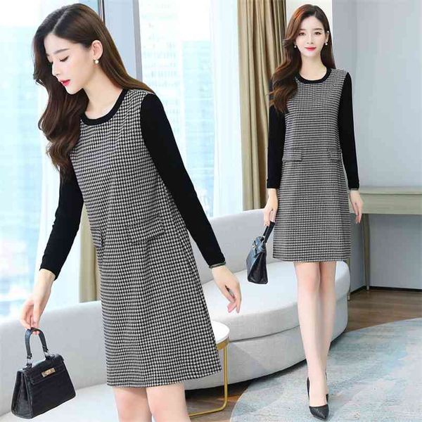 

vintage plaid club mini dress autumn winter office lady 3xl plus size women elegant party vestidos 210528, Black;gray
