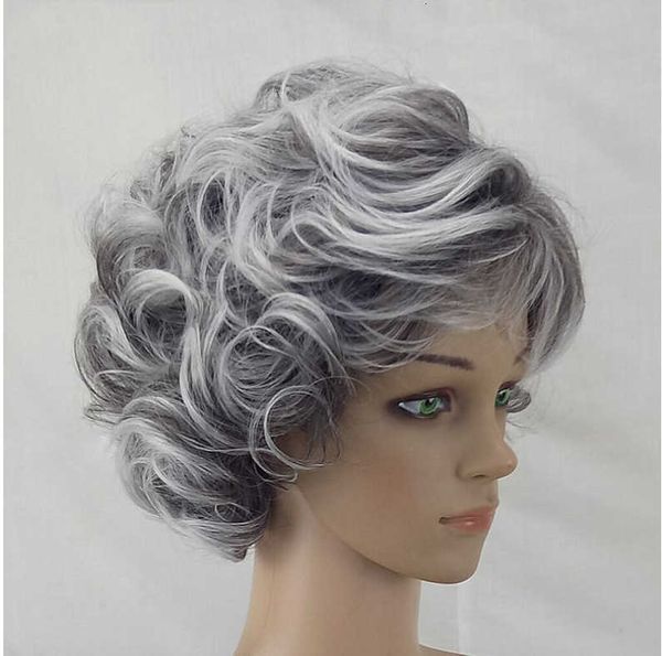 

middle aged and elderly ms wig granny sier white mixed color fashion headgear ffy curly hair rose net, Black