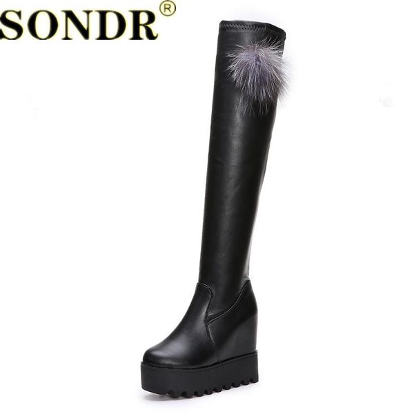 

boots women's over the knee leather fashion women long autumn winter round toe ladies platform height increasing shoes, Black