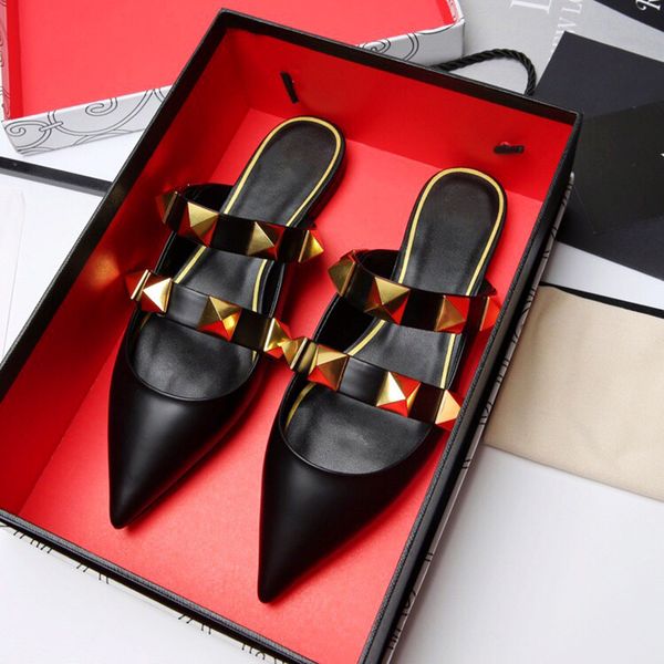 

in the new celebrity rivet semi trailer bag pointed sandals for women's summer versatile flat bottomed lazy slippers became, Black