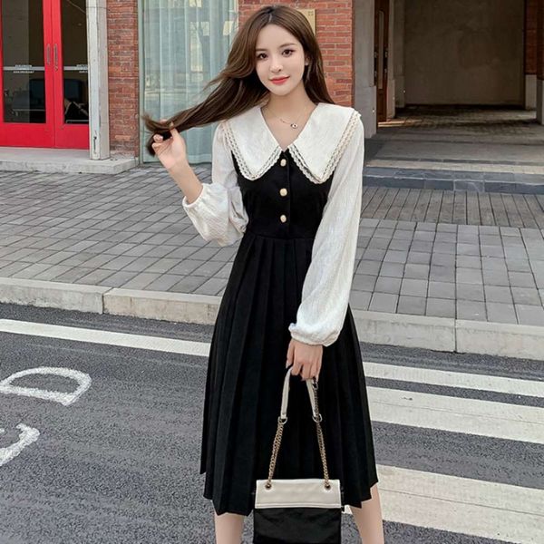 

2021 winter new pleated bandage waist lapel long sleeve dress, Black;gray