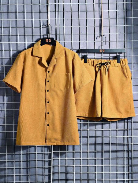 

romwe guys solid lapel collar corduroy shirt & shorts n9if#, Gray