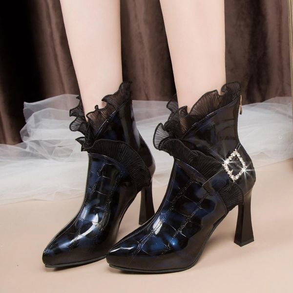 

boots 2021 winter for women's lady fashion lace women pointed toe zipper high heels ankle botas mujer, Black