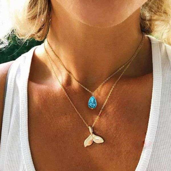 

chains bohemian national style water drop natural stone necklace 2021 fashion simple fish tail pendant jewelry ladies party gift, Silver