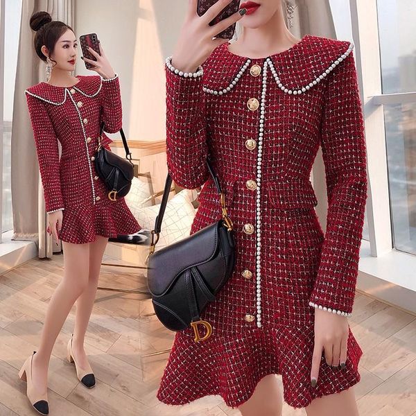

high-quality ladies' temperament small fragrance style female autumn winter long-sleeved red temperament fishtail dress women, Black;gray