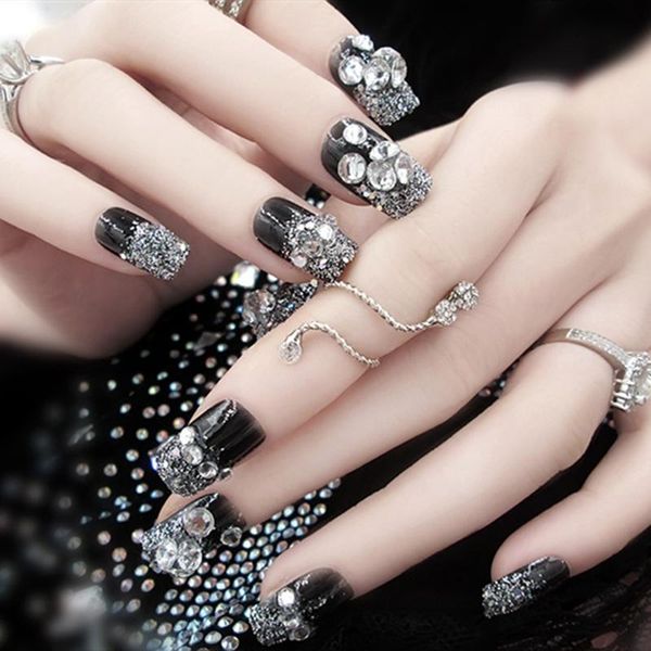 

false nails 24pcs/box full cover oval short press on with glue rhinestone flower pearl bride nail tips wearable fake for girl, Red;gold