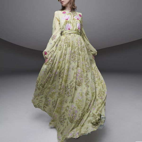 

2021 new european runway designers autumn vintage green floral printed chiffon maxi es for women vestidos de fiesta ml0t, Black;gray