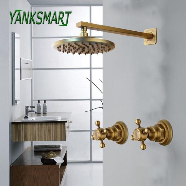 

yanksmart bathroom rainfall shower faucets 8 inch antique brass round wall mounted faucet sets dual handles mixer tap