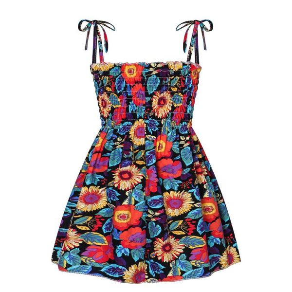 

girl's dresses toddler girls summer smocked dress, cute sleeveless floral print a-line beach dress, Red;yellow