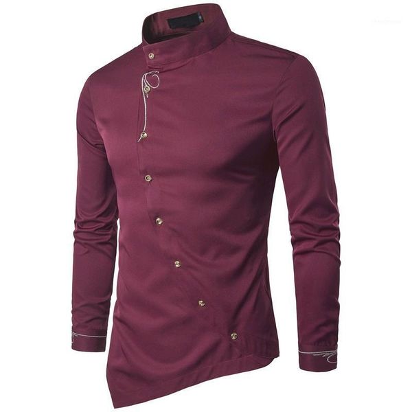 

european and american style youth shirt personality diagonal button front dovetail stand collar men's long sleeve mens dress shirts, White;black