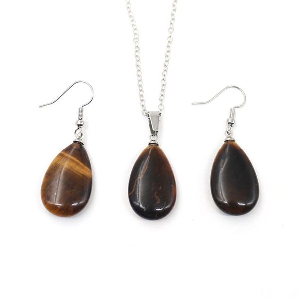 

earrings & necklace xsm natural tiger eye teardrop quartz crystal stone pendant earring set water drop healing reiki charms bulk for jewelry, Silver
