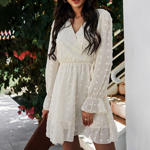 

2021 new spring women v neck ruffles mesh casual long flare sleeve a-line office female elegant wrap party vestidos k84n, Black;gray