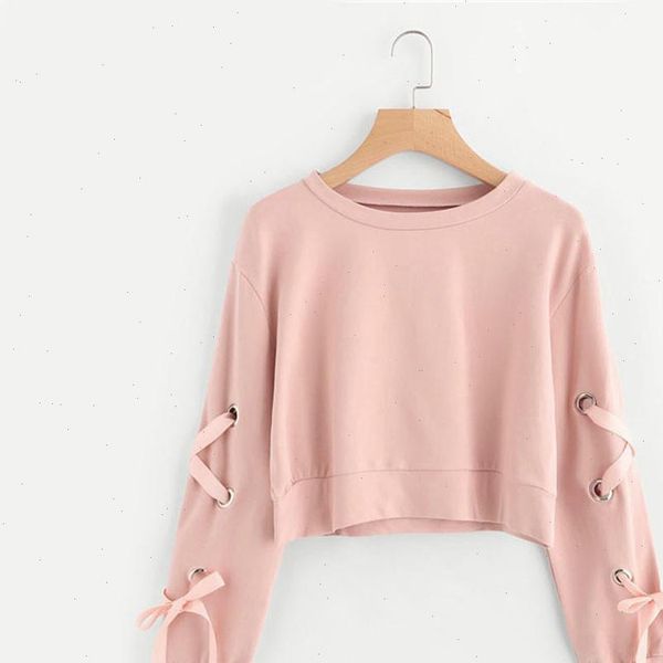 

womens autumn hoodies sweatshirt korean style kawaii women lace up long sleeve pullover cropped hoodie solid sweatshirt 38, Black