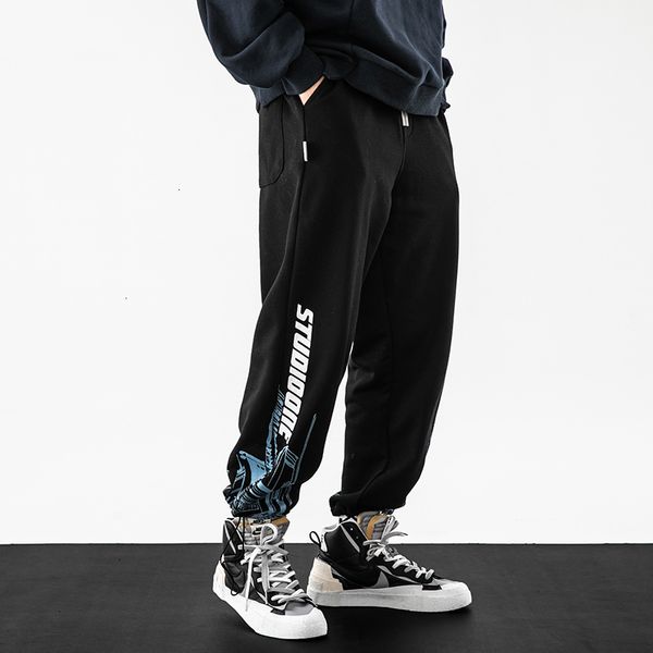 

2021 new streetwear fashion casual pants men loose fit printed designer sweatpants hip hop joggers wide leg baggy trousers 76ln, Black