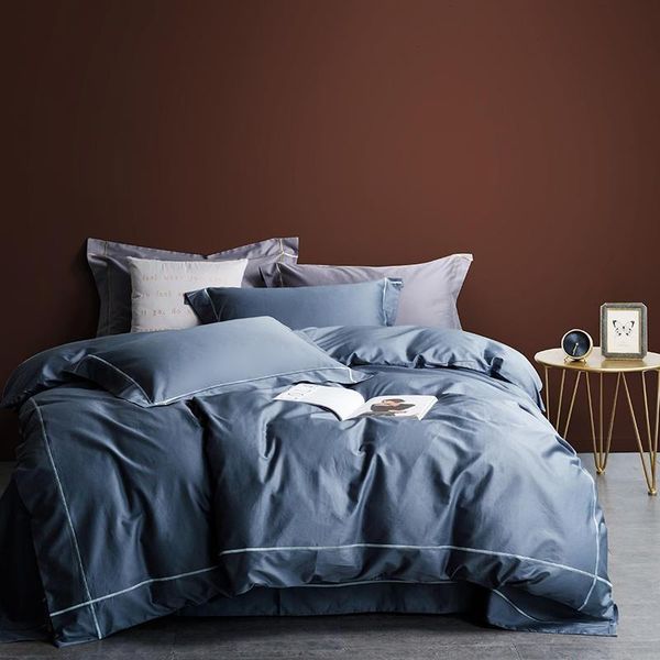 

bedding sets long staple cotton embroidery duvet cover bed sheet 2 pillowcases, 4pcs ultra soft breathable blue gray comforter