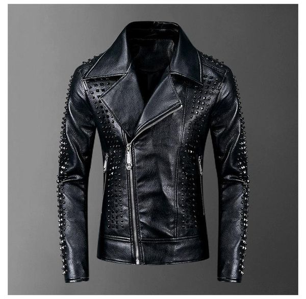 

men's punk leather jackets black rivets motorcycle leather jackets brand slim fit biker leather coat for male, Black;brown