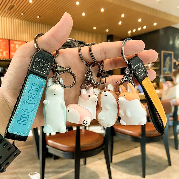 

10pieces/lot cartoon corgi dog keychains creative high-end leather rope key chain mens and womens car bags pendant accessories key ring, Silver