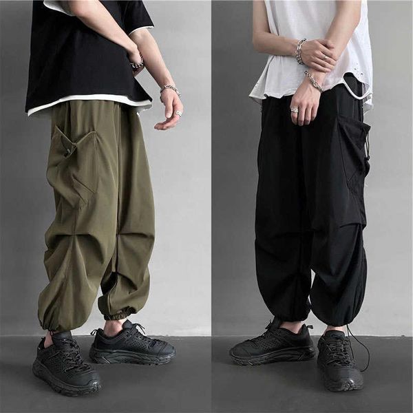 

men's pants overalls fashion brand loose drawstring summer sports korean style wide leg drop feeling lantern, Black