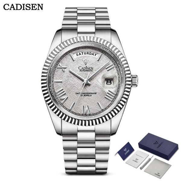 

wristwatches cadisen miyota movement men mechanical watch day date luxury automatic wristwatch sapphire glass full steel waterproof, Slivery;brown