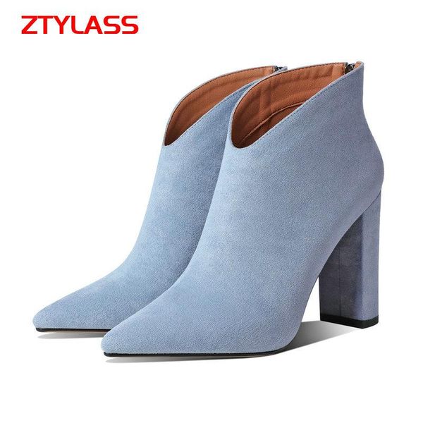 

boots women's shoes black blue brown zipper ankle fashion pointed toe short ladies square high heel autumn winter