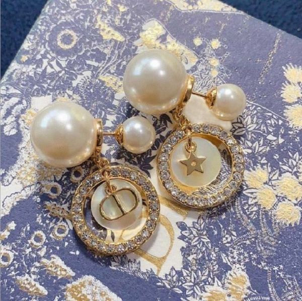 

designer jewelry 2021 new star circle with diamond pearl 925 silver needle brass earrings 2qp7, Golden