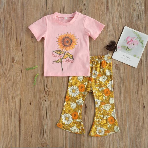 

1-6y summer kids girl's clothing set flower print short sleeve and flared pants 2pcs suit for vacation birthday party sets, White