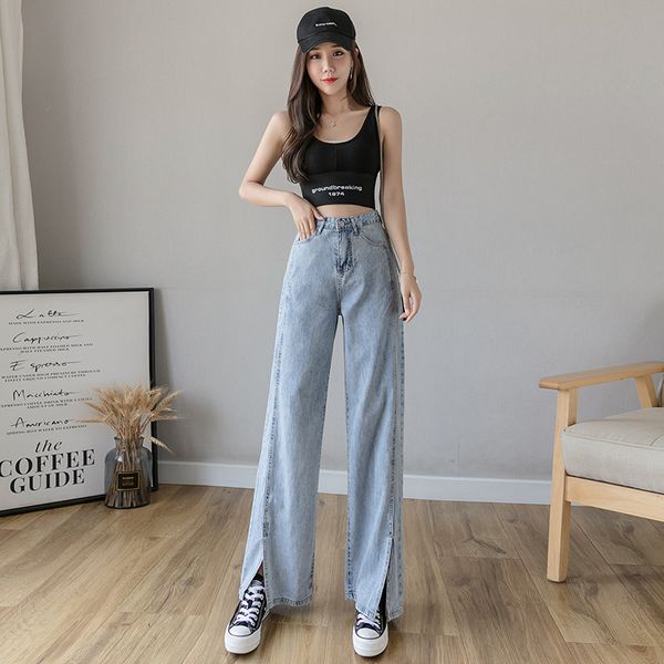 

women's brim pants 2021 summer tube down high waist thin legs loose feeling split mop 9h0s, Blue