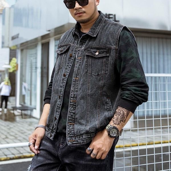 

men's vests fashion mens denim plus size 5xl 6xl 7xl streetwear men loose fit cargo waistcoat casual button sleeveless vest jackets, Black;white