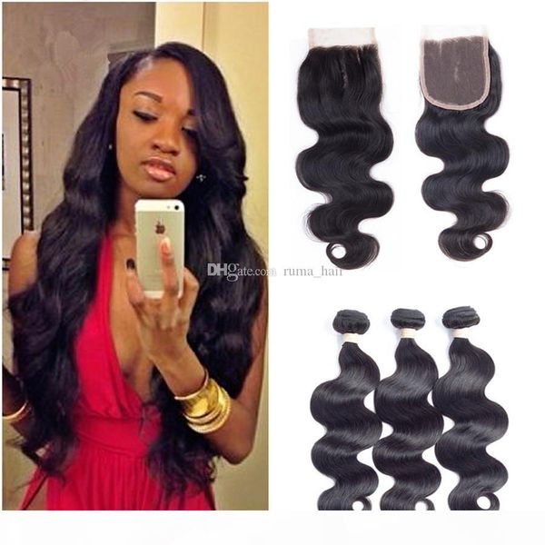 

peruvian virgin soft 8a quality hair 3pcs with lace closure body wave hair extension with lace closure middle three part closure, Black;brown