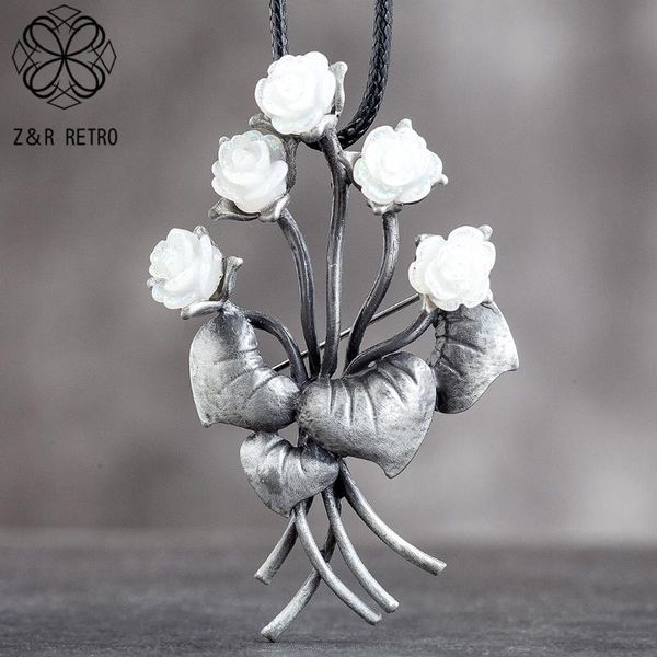 

pendant necklaces vintage flower pendants jewelry long necklace for women white pink beautiful plant black rope suspension chains choker jew, Silver