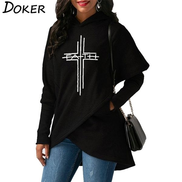 

autumn winter long sleeve pullover hoodies sweatshirts women cross faith print hoodie plus size christmas warm sweatshirt 201112, Black