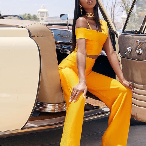 

two piece bandage set fall 2021 women pant sets panel cropped and flared trousers bodycon bandage sets, Gray