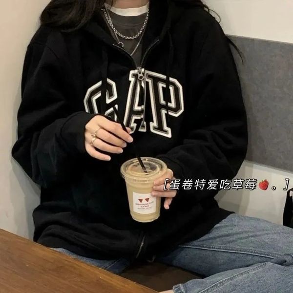 

luxury brand hoodie jacket coats 2021 autumn new hooded sweater female letter embroidery zipper jacket loose versatile f, Black