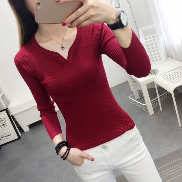 

2021 new autumn slim thin v-neck solid color sweater shirt women long sleeve knit pullover jumper nik8, White;black