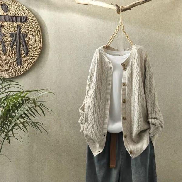 

women's knits & tees spring cardigan sweater female 2021 literary round collar coat, White
