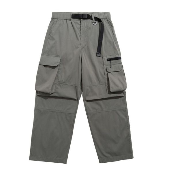 

men's pants multi-pocket cargo with belt mens safari style loose straight-leg elastic waist casual trousers men, Black