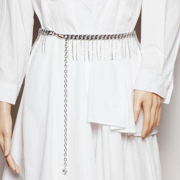 

belts wide chain waist belt rhinetone tassel fringe waistband women bling crystal metal alloy adjustable ladies strech strap, Black;brown