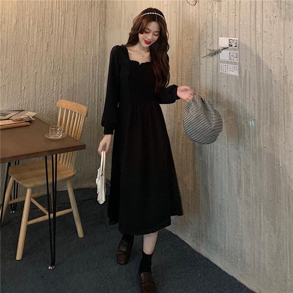 

casual dresses autumn 2021 vintage for women korean version high waist thin fashion square collar temperament long sleeve dress, Black;gray
