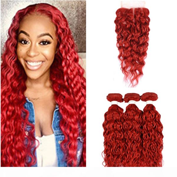 

pure red malaysian wet and wavy human hair 3bundles with closure water wave red hair weaves with closure bright red lace closure 4x4, Black