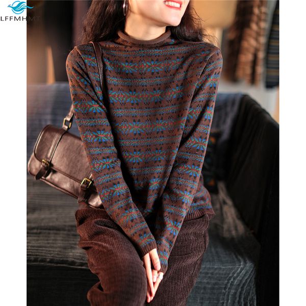 

2021 women vintage floral jacquard knitted cotton sweater office lady pile collar long sleeve winter new casual thin qxnp, White;black