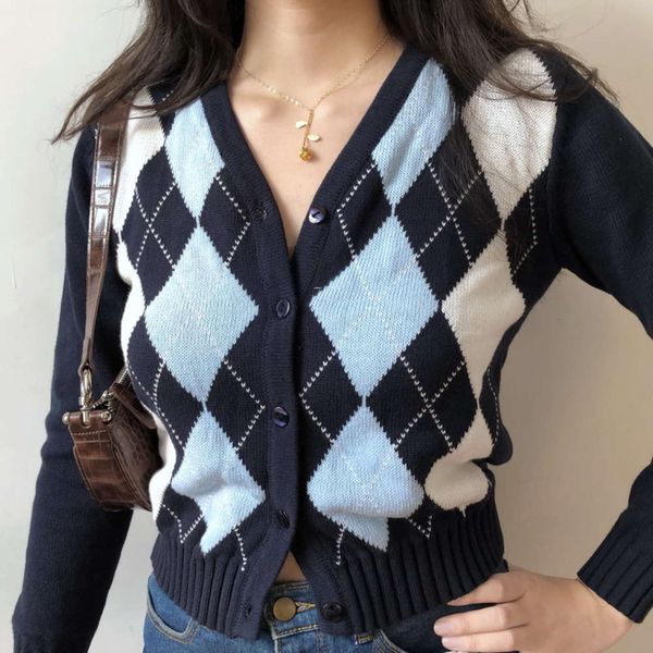 

fashion v-neck long girl rhombic go sleeve jacket american knitted with cardigan women's autumn coat luxury, White;black