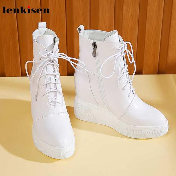 

boots lenkisen cow leather thick bottom height lncreasing preppy style lace up high heels fashion winter warm women ankle l09, Black