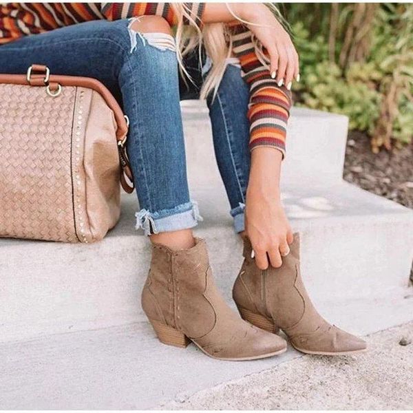 

boots pointed thick heel oversized spring side zipper suede 2021 mid, Black