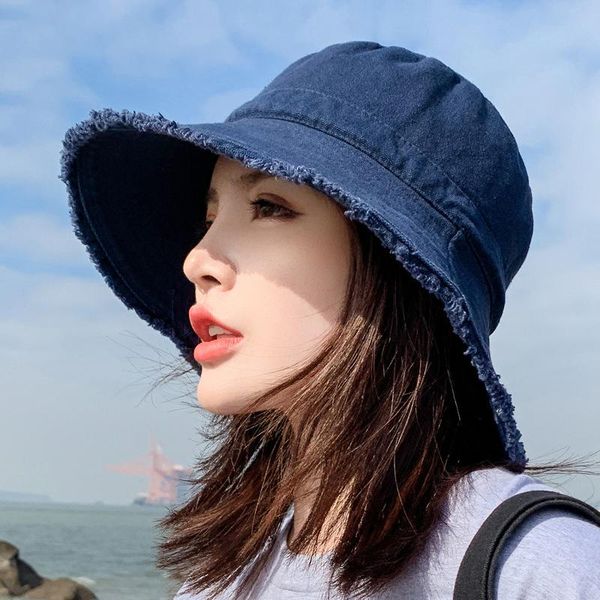 

wide brim hats fashion summer uv protection bucket women retro tassel beach caps for lady sun hat outdoor korean fisherman, Blue;gray