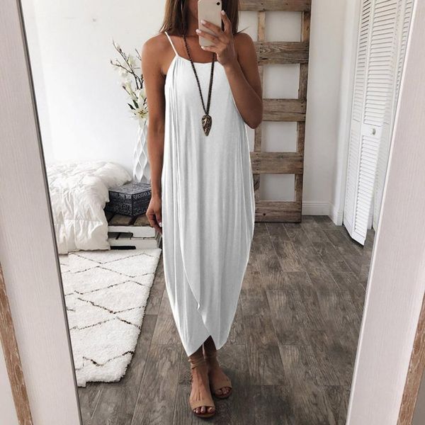 2020 Sexy Spaghetti Strap Weiße Kleider Gestrickte Frauen Casual Unregelmäßige Lose Maxi Kleider Sommer Boho Strand Langes Kleid Vestidos X0521