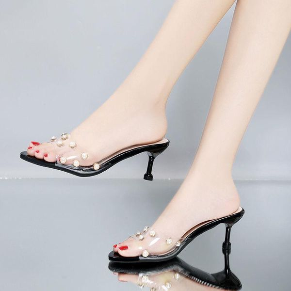 

sandals women summer wear transparent flip-flops all-match fashion stiletto high heels women's shoes, Black