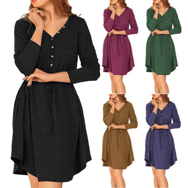 

women dress pure color v-neck fashion long sleeve button belt dress autumn spring casual women dresses y1006, Black;gray