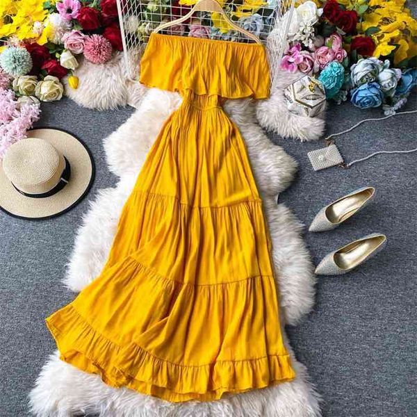 

off shoulder beach dres slim high waist summer yellow midi es elegant ladies party vestidos mujer 210602, Black;gray